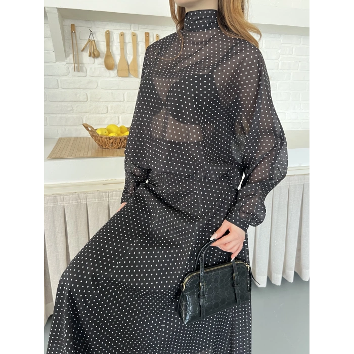 Transparan Puantiyeli Etekli Takım Siyah