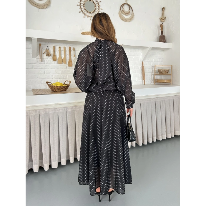 Transparan Puantiyeli Etekli Takım Siyah