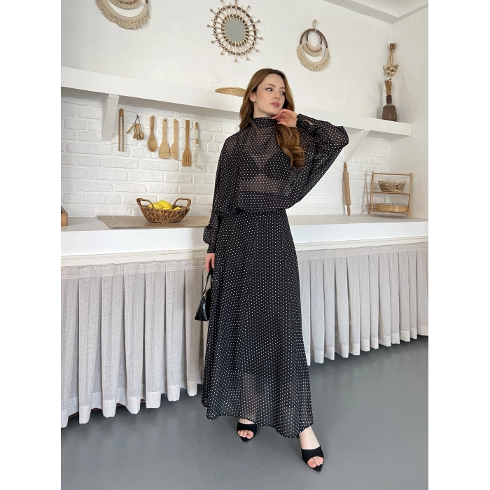 Transparan Puantiyeli Etekli Takım Siyah