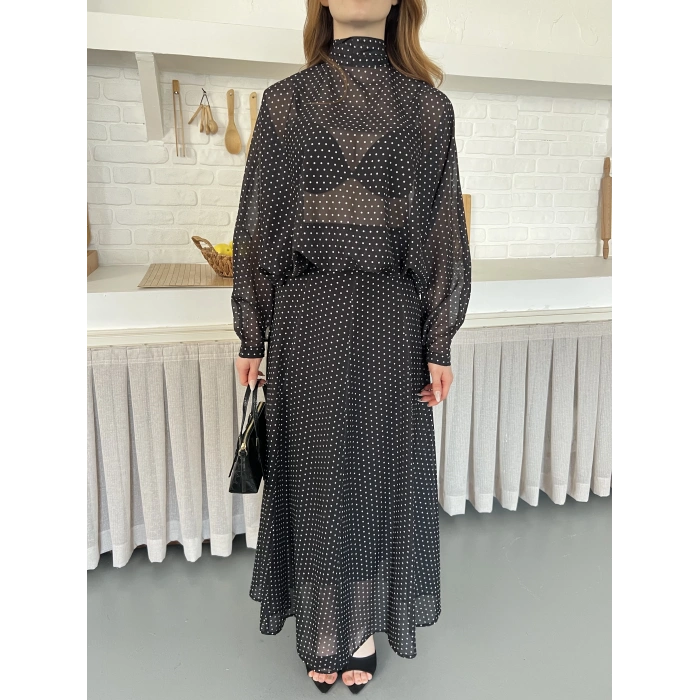 Transparan Puantiyeli Etekli Takım Siyah