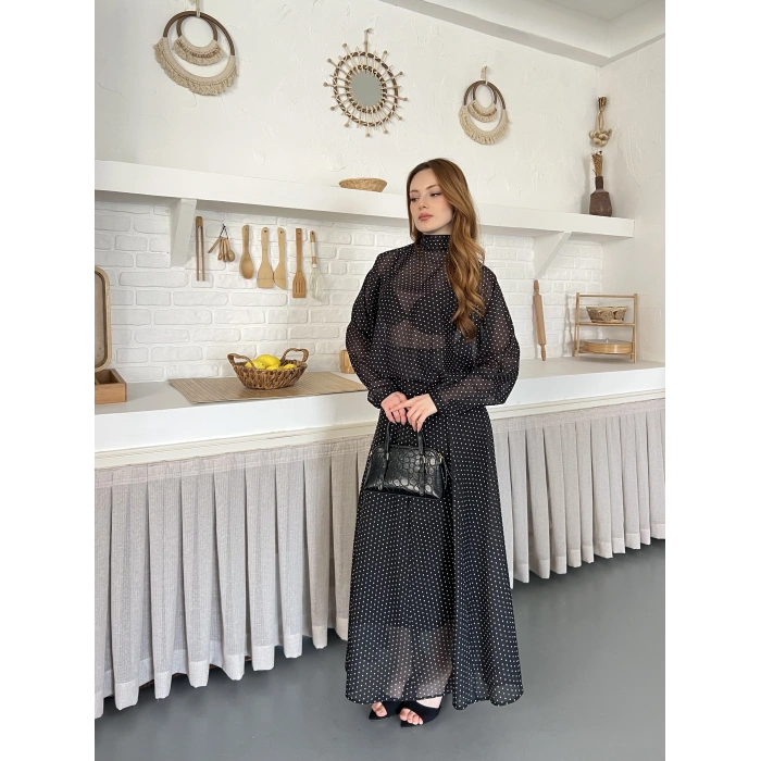 Transparan Puantiyeli Etekli Takım Siyah