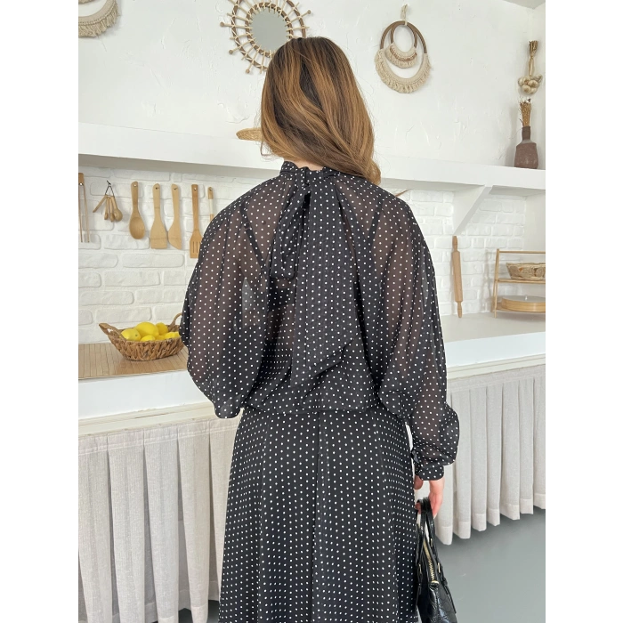 Transparan Puantiyeli Etekli Takım Siyah