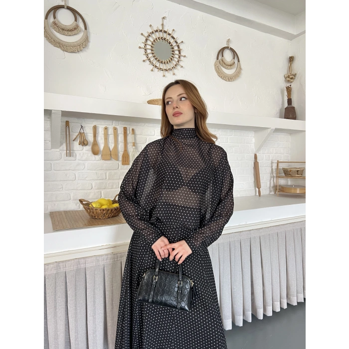 Transparan Puantiyeli Etekli Takım Siyah