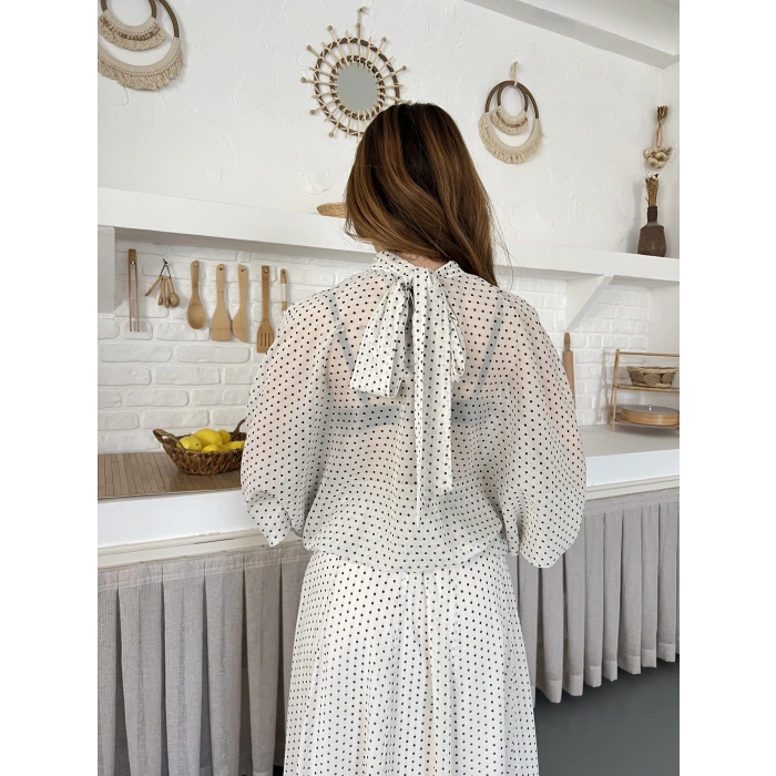 Transparan Puantiyeli Etekli Takım Beyaz