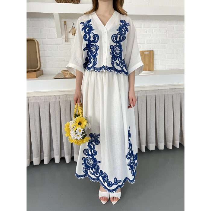 Nakış İşlemeli Keten İçi Astarlı Etekli Takım Beyaz