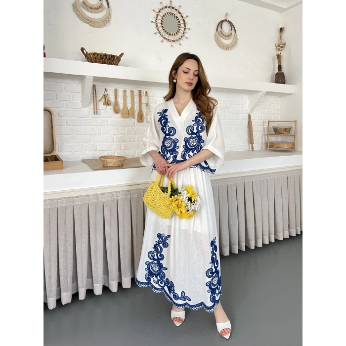 Nakış İşlemeli Keten İçi Astarlı Etekli Takım Beyaz