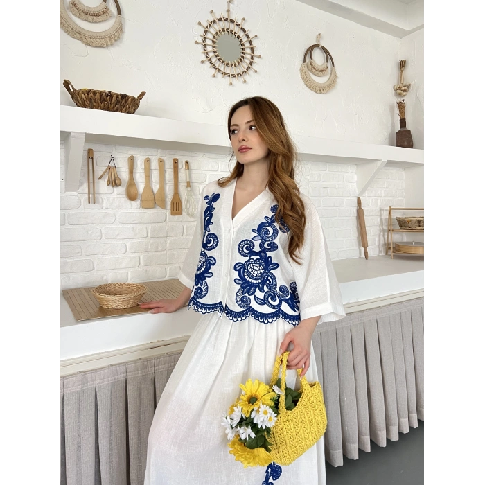 Nakış İşlemeli Keten İçi Astarlı Etekli Takım Beyaz