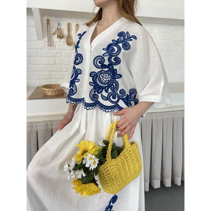 Nakış İşlemeli Keten İçi Astarlı Etekli Takım Beyaz