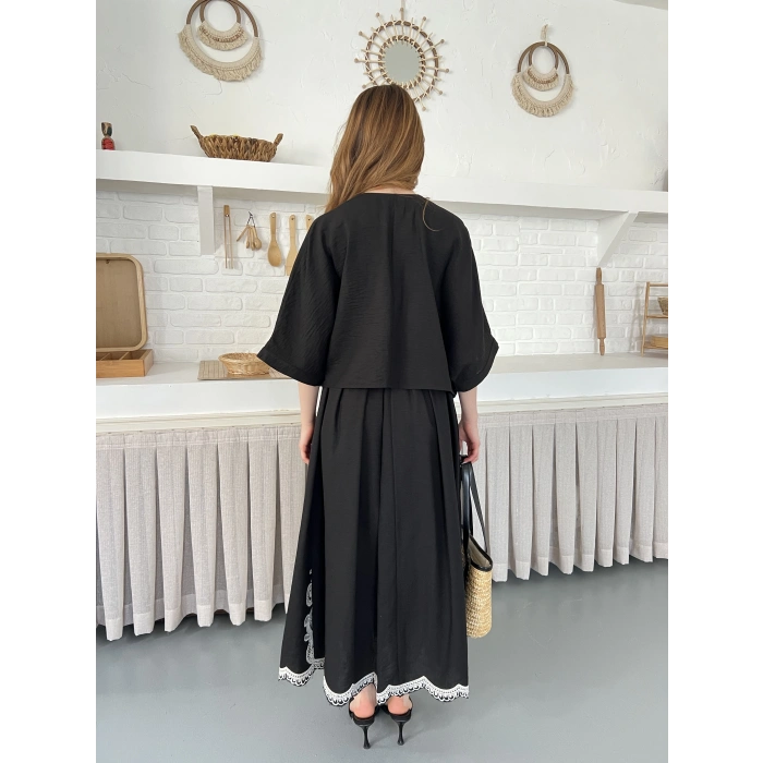 Nakış İşlemeli Keten İçi Astarlı Etekli Takım Siyah