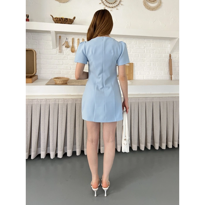 Minimal Çizgisi ve Modern Omuz Detaylı Mini Elbise Turkuaz