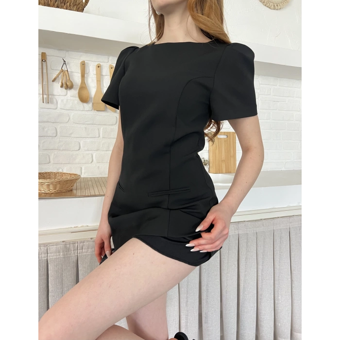 Minimal Çizgisi ve Modern Omuz Detaylı Mini Elbise Siyah