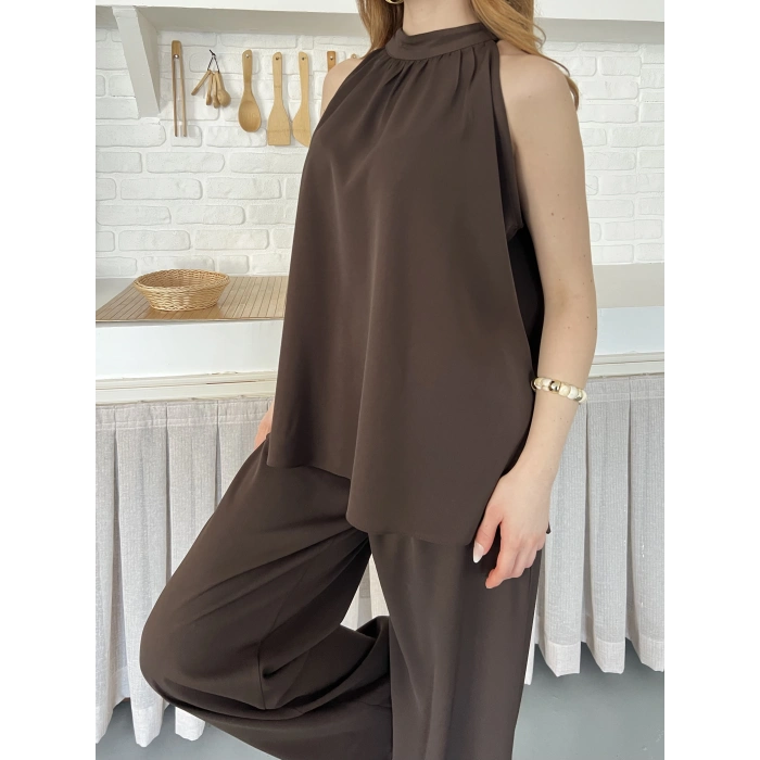 Modern Halter Yaka Tasarım Takım Kahve