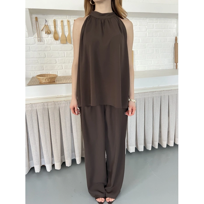 Modern Halter Yaka Tasarım Takım Kahve