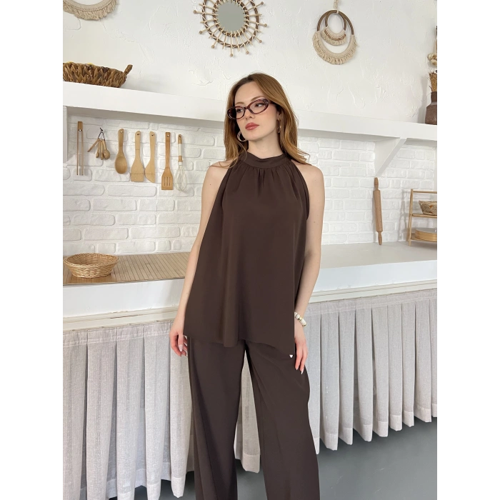 Modern Halter Yaka Tasarım Takım Kahve