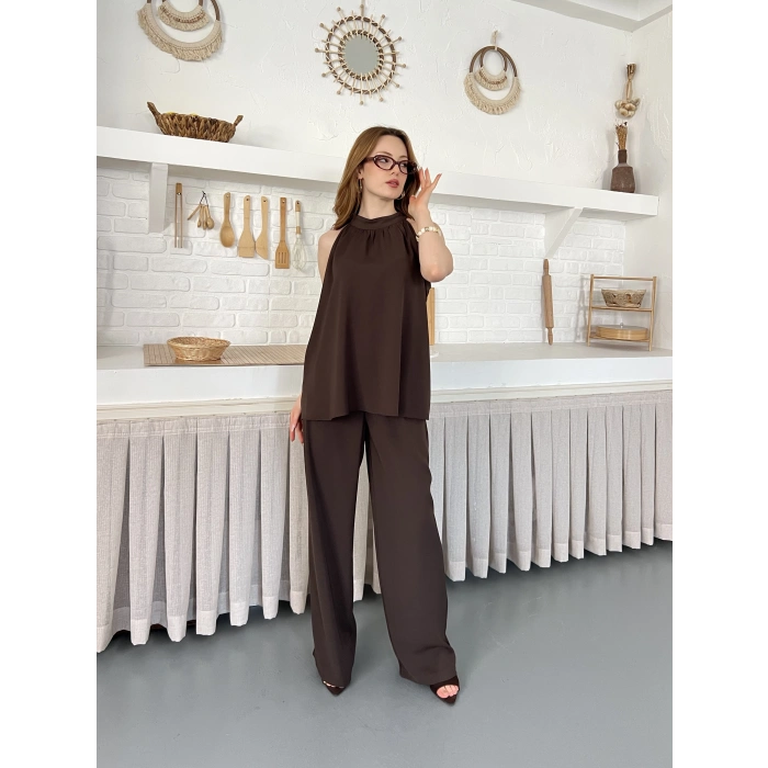Modern Halter Yaka Tasarım Takım Kahve