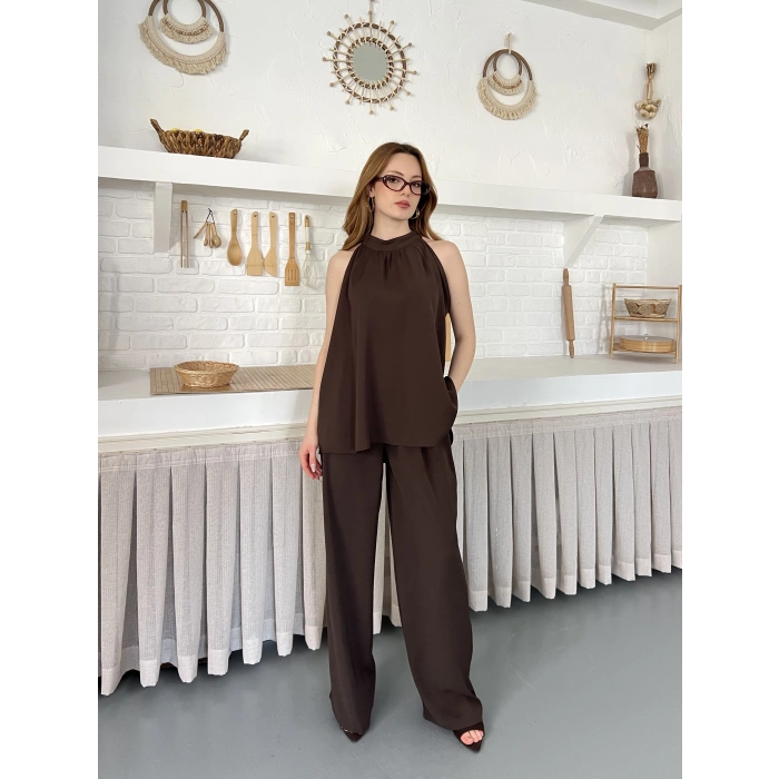 Modern Halter Yaka Tasarım Takım Kahve