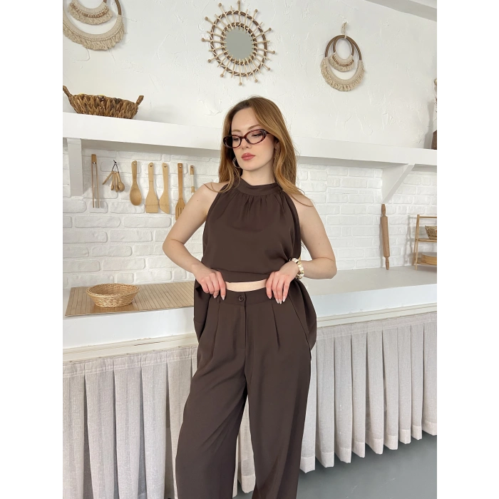 Modern Halter Yaka Tasarım Takım Kahve