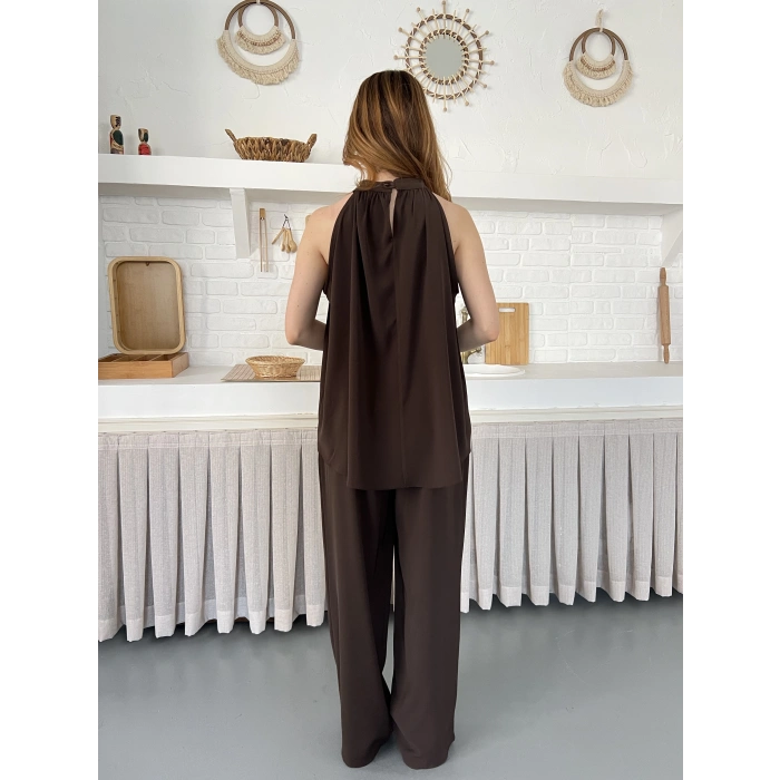 Modern Halter Yaka Tasarım Takım Kahve