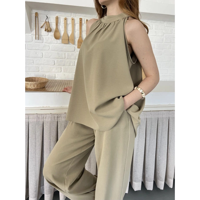 Modern Halter Yaka Tasarım Takım Haki