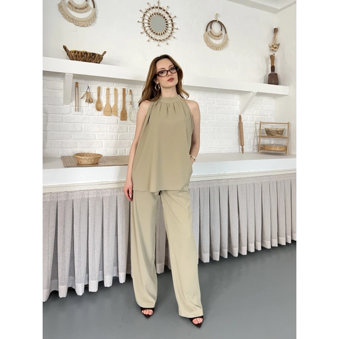 Modern Halter Yaka Tasarım Takım Haki