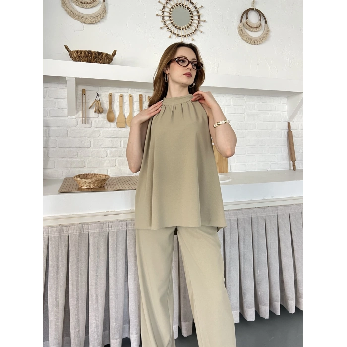 Modern Halter Yaka Tasarım Takım Haki