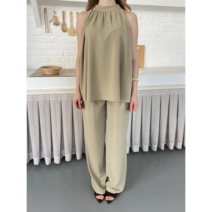 Modern Halter Yaka Tasarım Takım Haki
