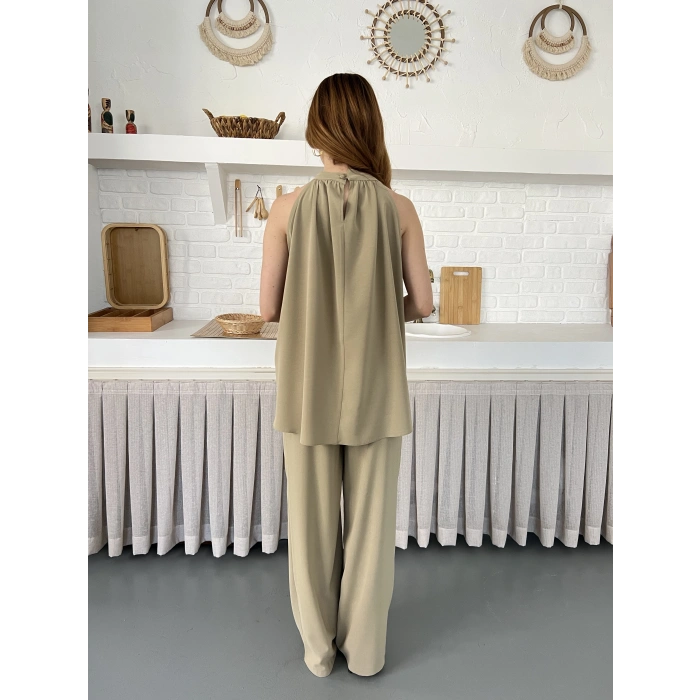 Modern Halter Yaka Tasarım Takım Haki