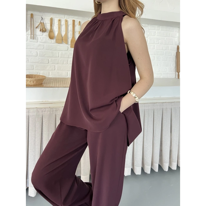 Modern Halter Yaka Tasarım Takım Bordo