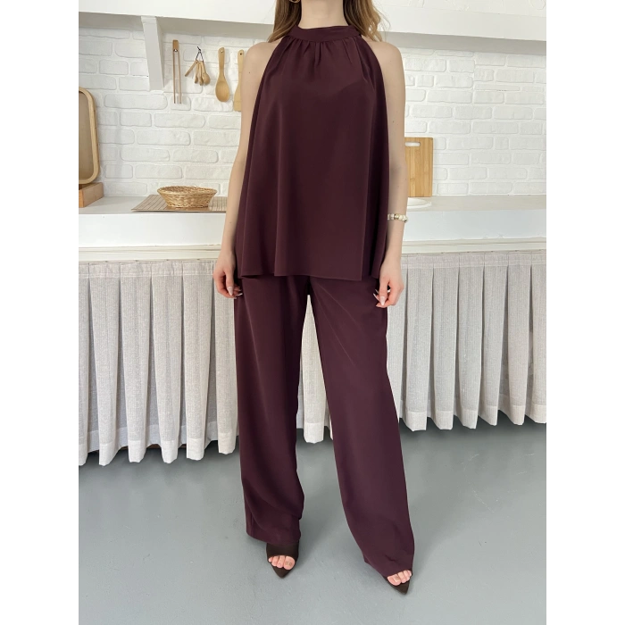 Modern Halter Yaka Tasarım Takım Bordo