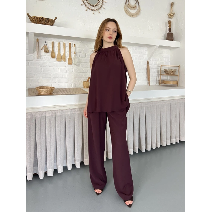 Modern Halter Yaka Tasarım Takım Bordo