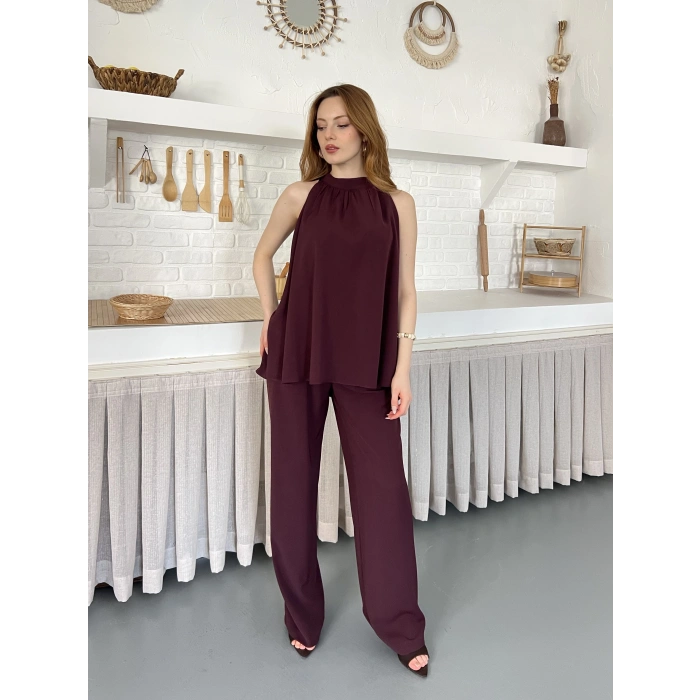 Modern Halter Yaka Tasarım Takım Bordo