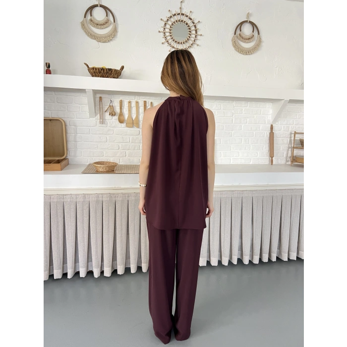 Modern Halter Yaka Tasarım Takım Bordo
