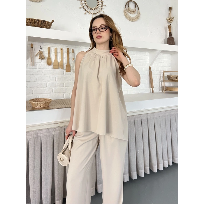 Modern Halter Yaka Tasarım Takım Bej