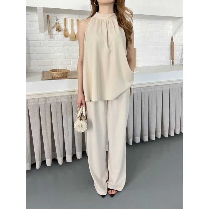 Modern Halter Yaka Tasarım Takım Bej