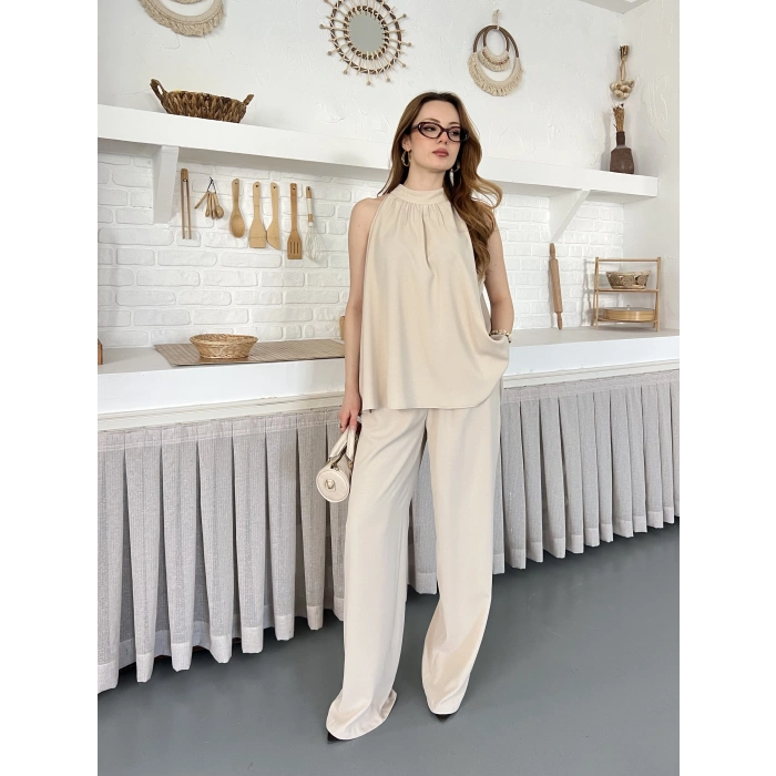Modern Halter Yaka Tasarım Takım Bej