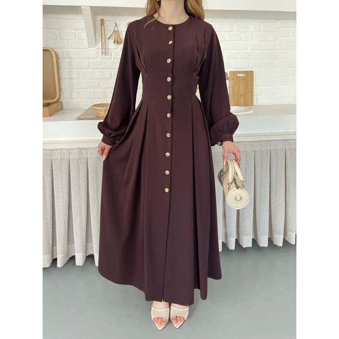 Düğme Detaylı Uzun Zarif Gömlek Elbise Mürdüm