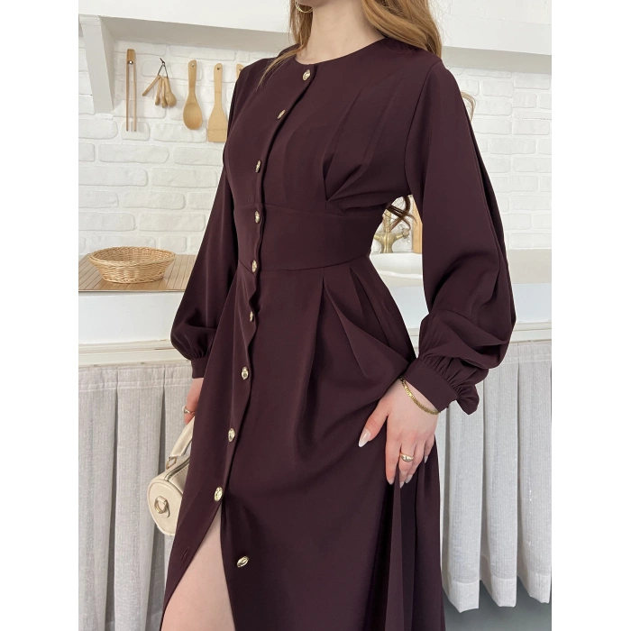 Düğme Detaylı Uzun Zarif Gömlek Elbise Mürdüm