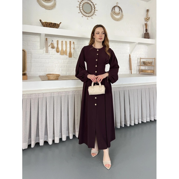 Düğme Detaylı Uzun Zarif Gömlek Elbise Mürdüm