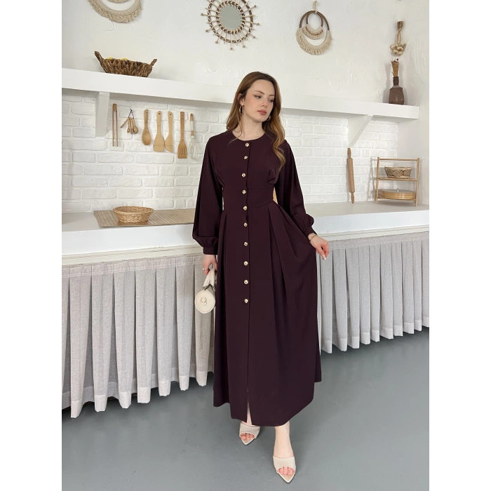 Düğme Detaylı Uzun Zarif Gömlek Elbise Mürdüm