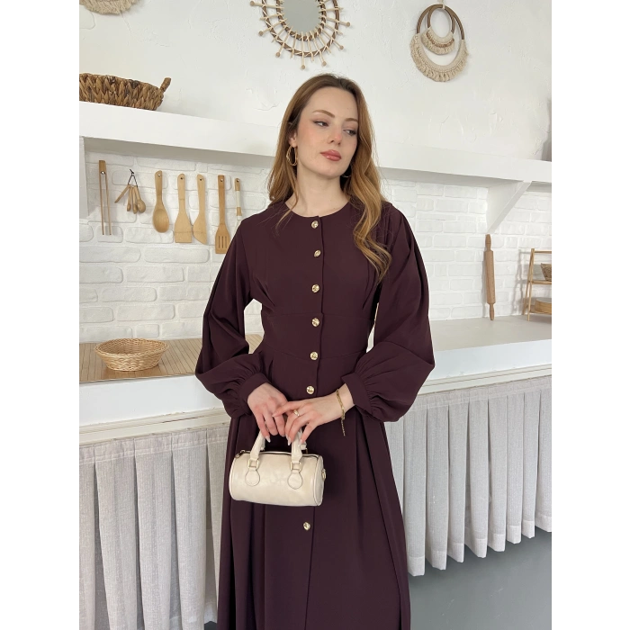 Düğme Detaylı Uzun Zarif Gömlek Elbise Mürdüm