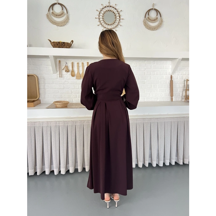 Düğme Detaylı Uzun Zarif Gömlek Elbise Mürdüm