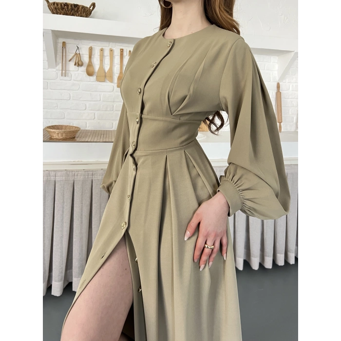 Düğme Detaylı Uzun Zarif Gömlek Elbise Yeşil