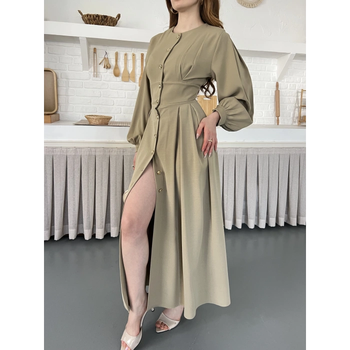 Düğme Detaylı Uzun Zarif Gömlek Elbise Yeşil