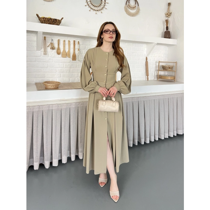 Düğme Detaylı Uzun Zarif Gömlek Elbise Yeşil