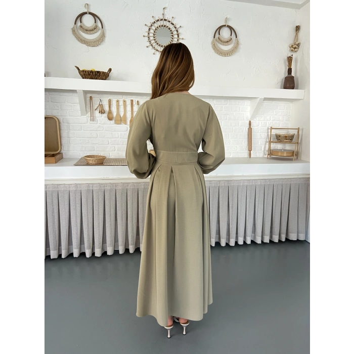 Düğme Detaylı Uzun Zarif Gömlek Elbise Yeşil