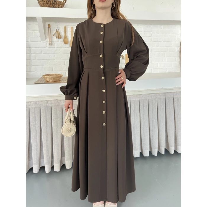 Düğme Detaylı Uzun Zarif Gömlek Elbise Kahve