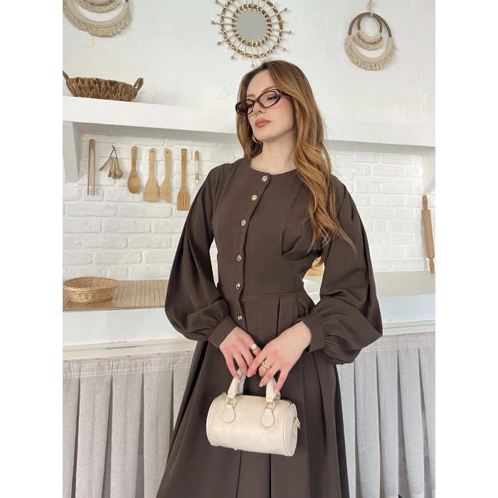 Düğme Detaylı Uzun Zarif Gömlek Elbise Kahve