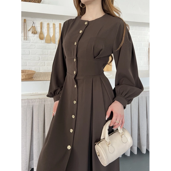 Düğme Detaylı Uzun Zarif Gömlek Elbise Kahve