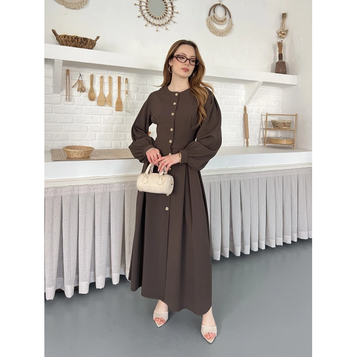 Düğme Detaylı Uzun Zarif Gömlek Elbise Kahve