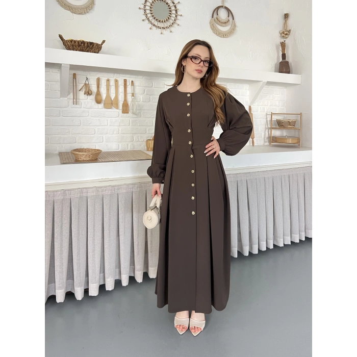 Düğme Detaylı Uzun Zarif Gömlek Elbise Kahve